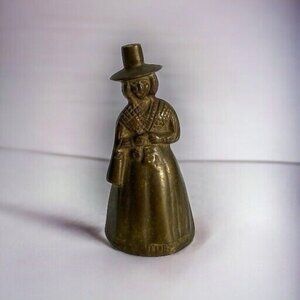 Vintage Brass English Tea Dinner Bell Figural Victorian Woman 4x2"